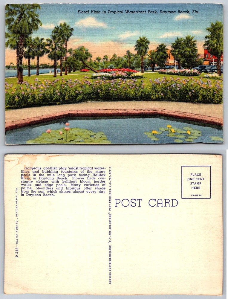 Daytona Beach FL Waterfront Park Floral Vista Linen Postcard 1930s-40s
