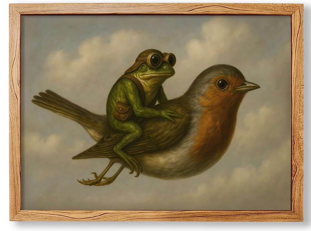 Funny Frog Riding Bird 08x10 inch Framed Modern Nature Wall Art Cute Whimsica...