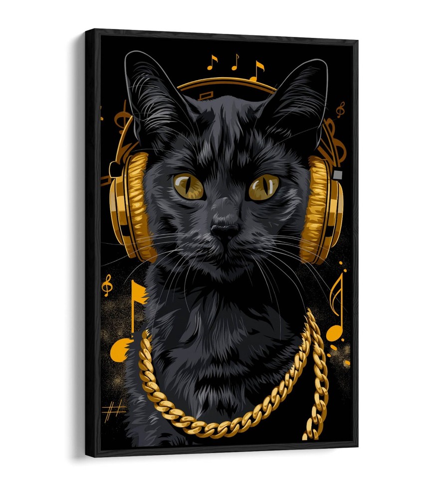 FUNNY BLACK CAT WITH GOLD HEADPHONES FLOAT EFFECT FRAMED CANVAS ART PIC PRINT