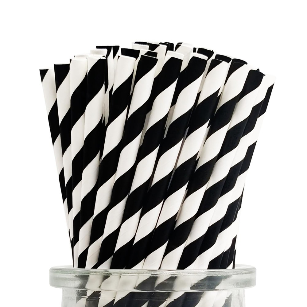 Disposable Black Striped Paper Drinking Straws, 100 Pack Black & White Straws...