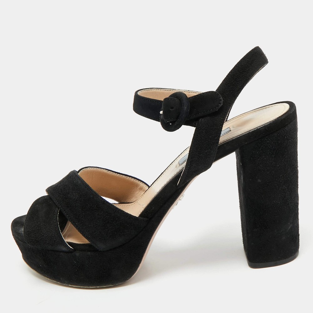 Prada Black Suede Platform Ankle Strap Sandals Size 385