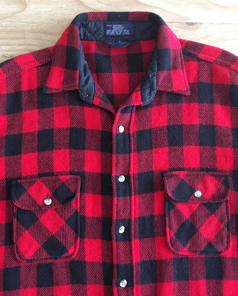 Vintage Van Heusen Red Buffalo Plaid Wool Acrylic Camp Shirt Jacket *XL* *READ*