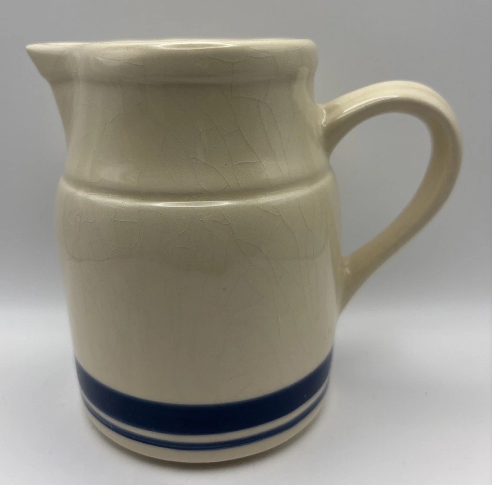 Roseville Friendship Pottery Pitcher 1 Quart Blue Stripes Ohio Farmhouse Cottage