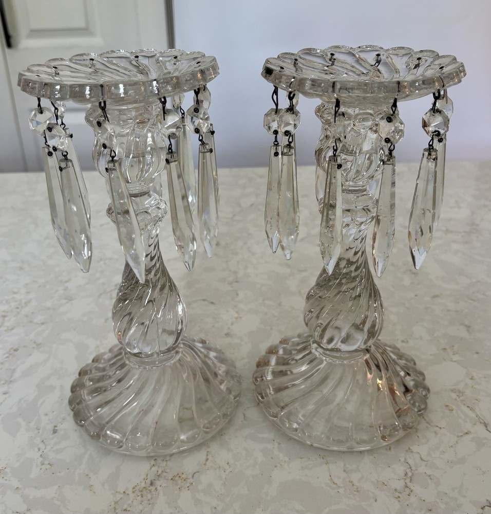 Vintage Pair Clear Glass Lustre Candlestick Holders Hanging Crystal Prism Drops