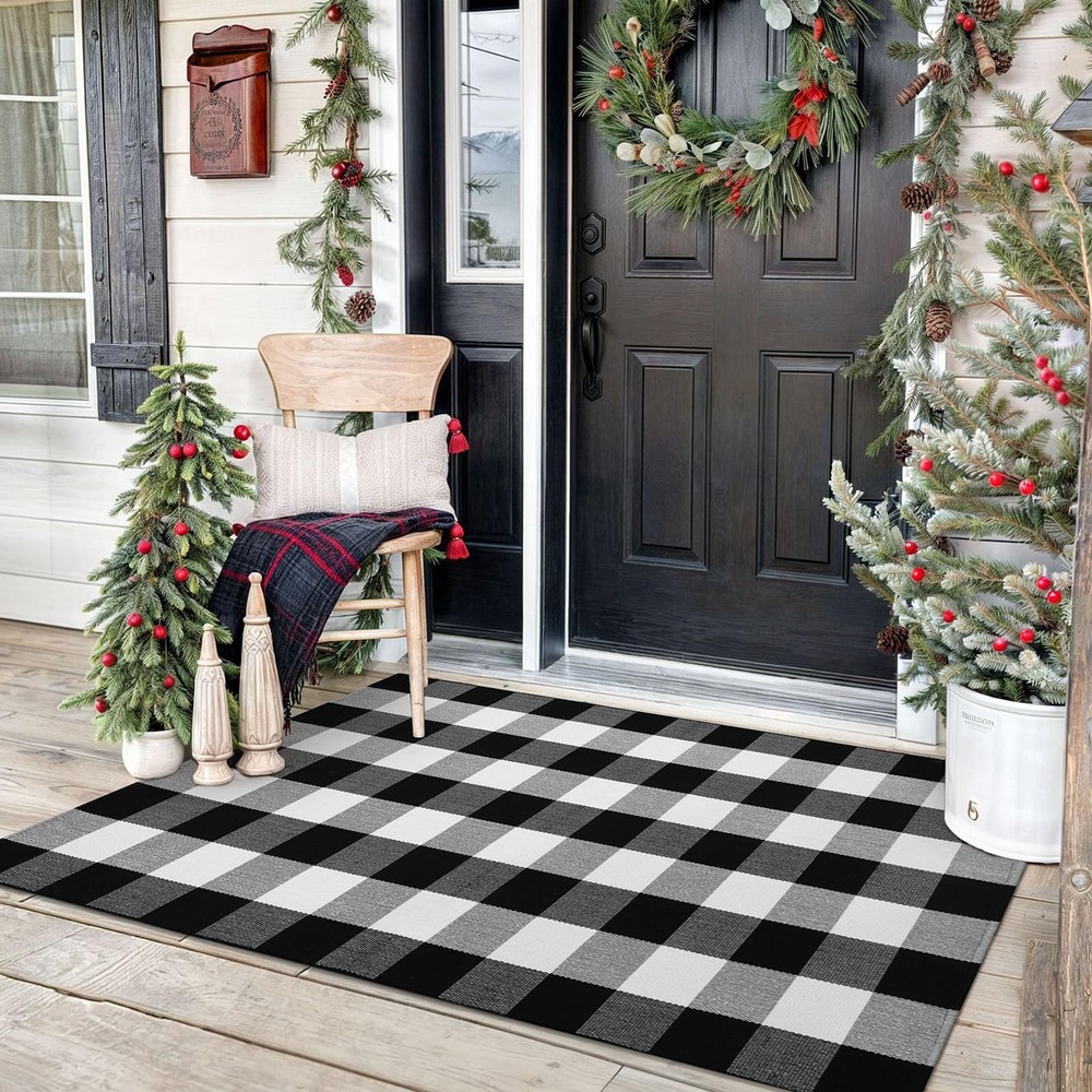 Buffalo Plaid Area Rugs 3x5 Ft Black and White Checkered Rug Washable Front D...