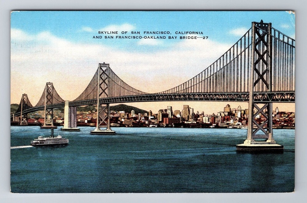San Francisco CA-California, Skyline, Bay Bridge, Antique Vintage Postcard