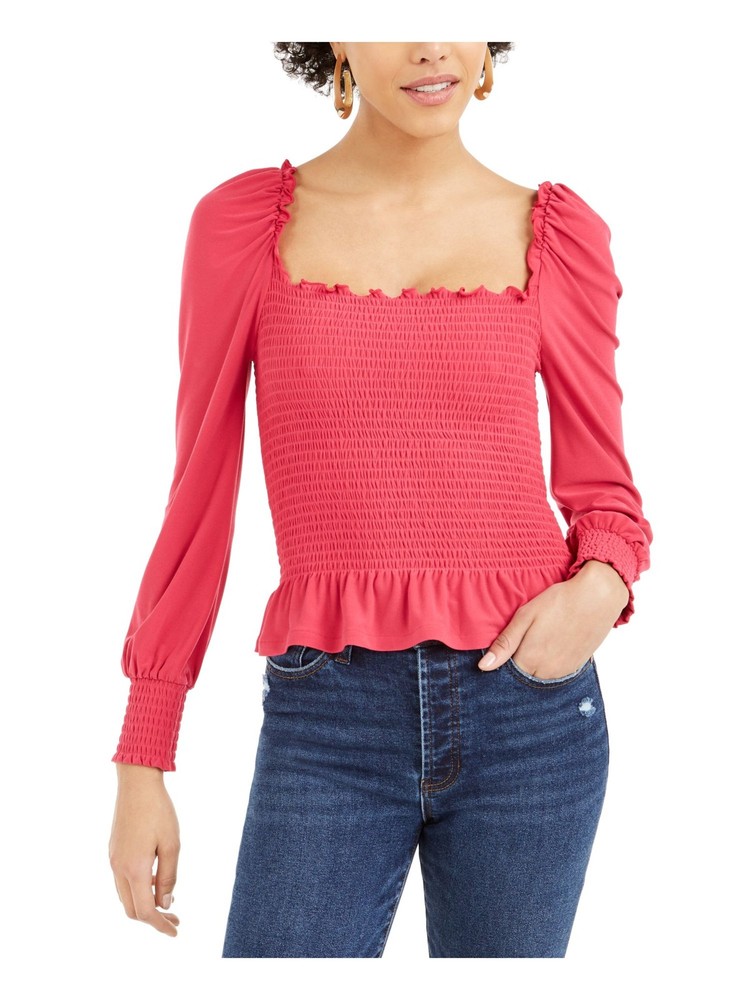 BAR III Womens Pink Ribbed Ruffled Blouse Long Sleeve Square Neck XS
