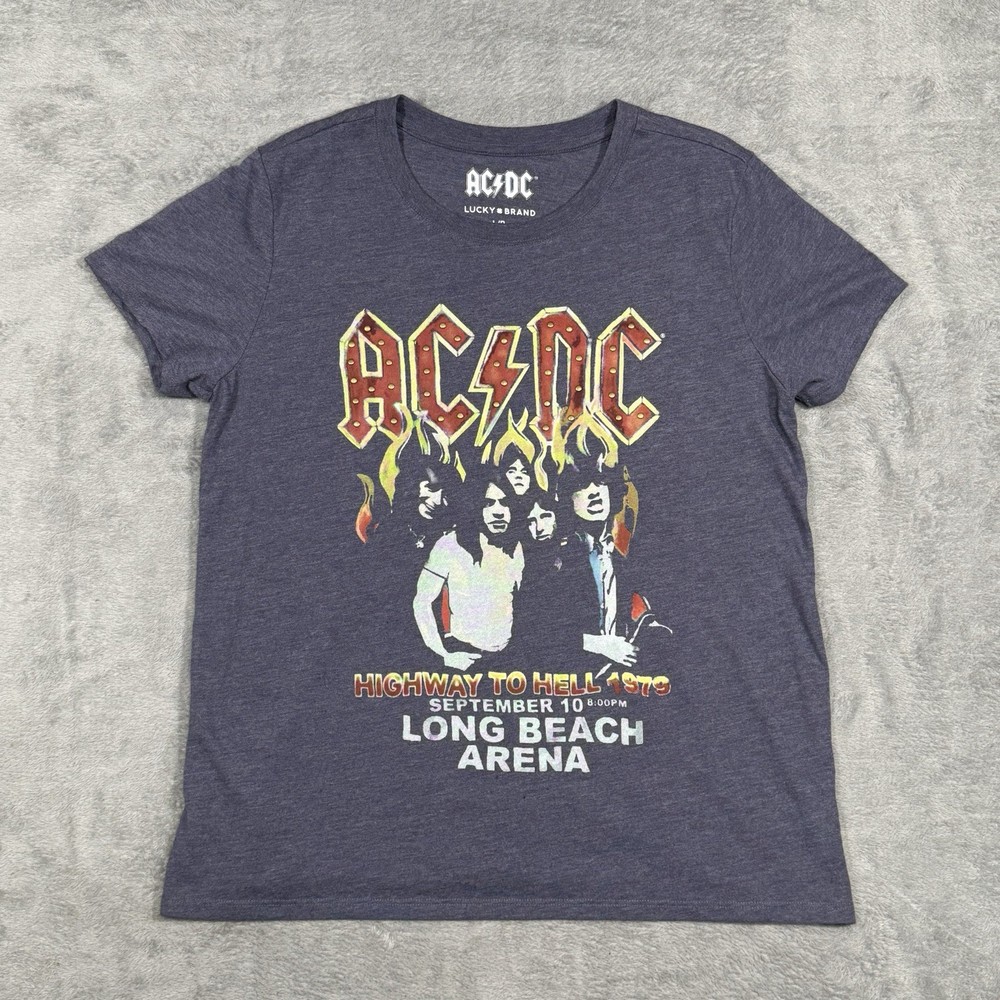 Lucky Brand AC/DC T Shirt Womens L/P Gray Studded Band Shirt Rock Embellished