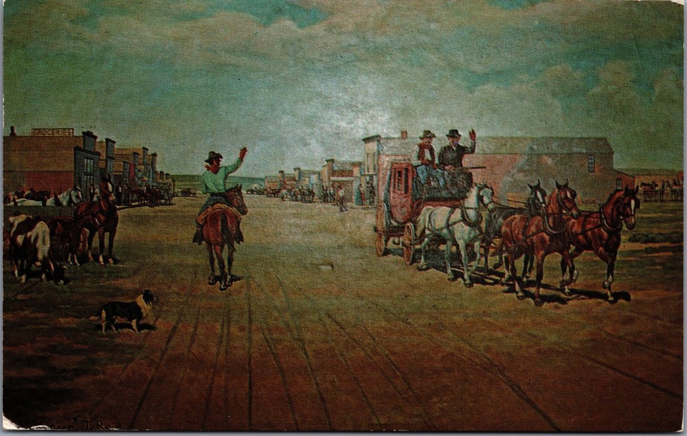 Concordia KS Main Street 1873 Stagecoach Western Town Art Postcard 1911 Postmark