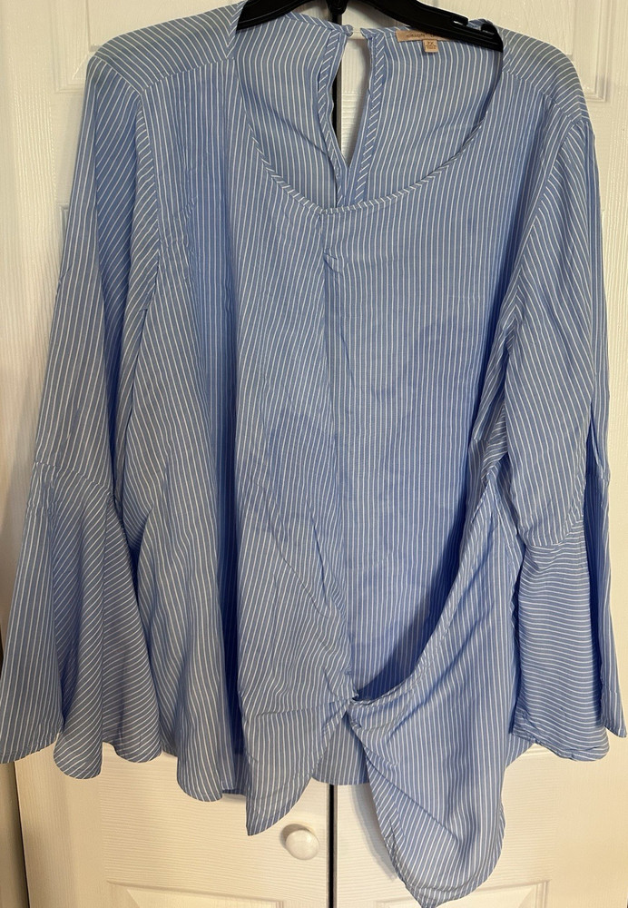 Gibson Latimer Womens Plus 2X Blue White Striped V-Neck Keyhole Blouse LS