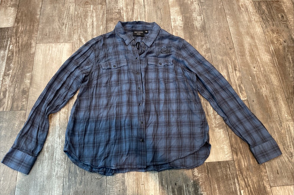 HARLEY DAVIDSON Women’s Long Sleeve Button Up BLUE PLAID Enchanted Flannel 2XL