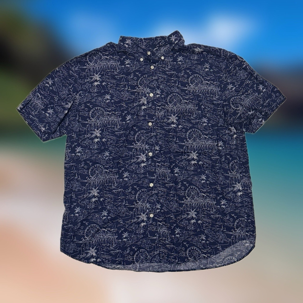 Old Navy Men’s Size Large Slim Fit Floral Blue Hawaiian Print Button-Up Shirt