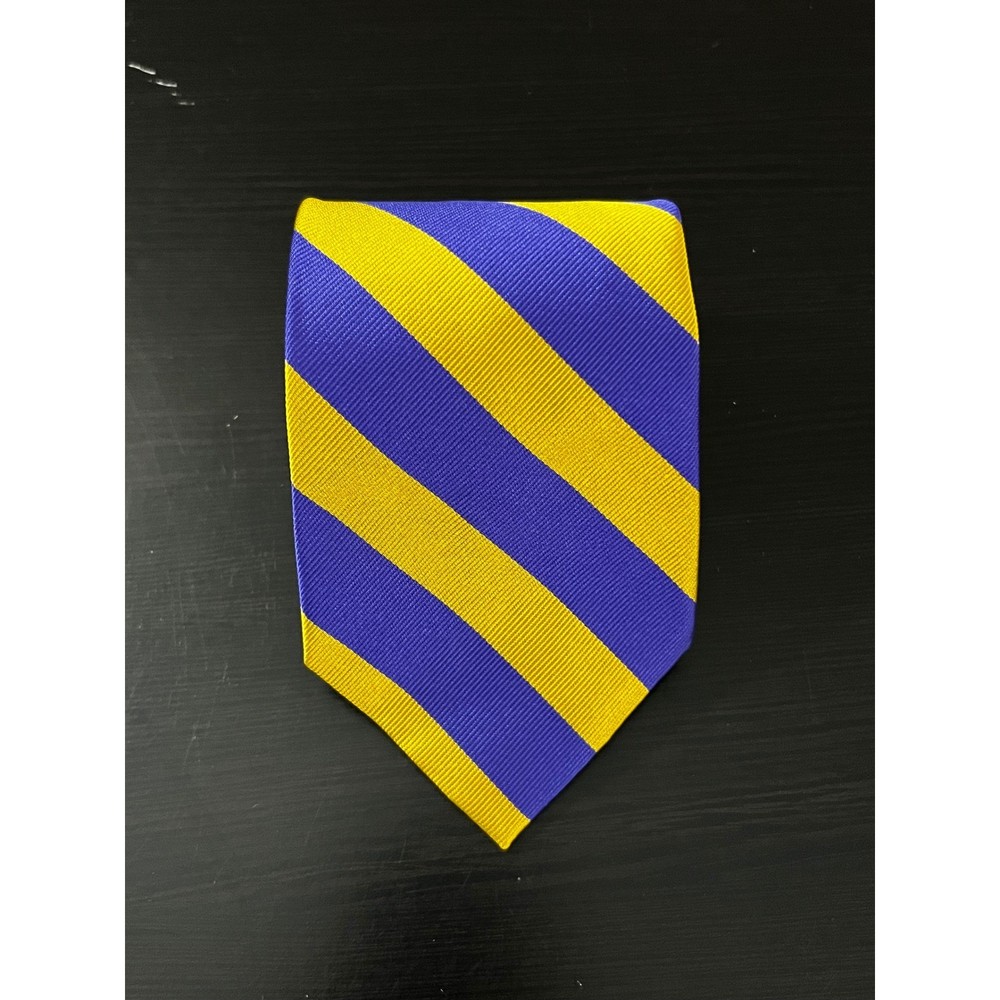 Polo Ralph Lauren Blue Yellow Striped Silk Repp Tie Handmade in Italy Mens