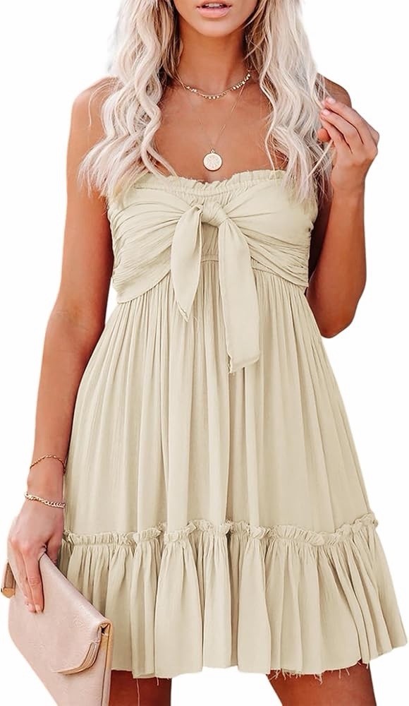 R.Vivimos Women's Summer Cotton BohoBeach Sleeveless Tie Front Mini Dress Size L