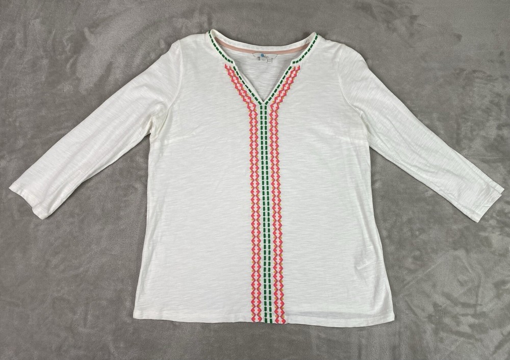 Boden White Embroidered 3/4 Sleeve V-Neck Boho-Chic Top Women’s Size 8