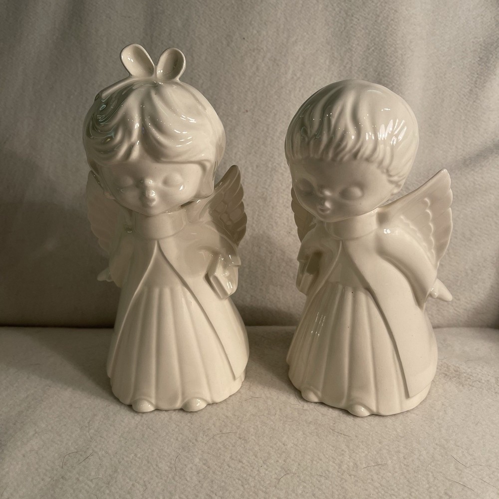Ceramic Kissing Angels Figurines 7 & 8 in Tall Boy & Girl Off White Glaze 1980's