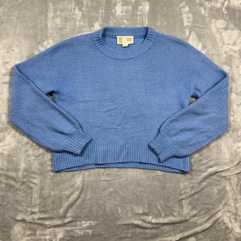 Anthropologie Saturday Sunday XS Baby Blue Waffle Knit Crop Crewneck Sweater