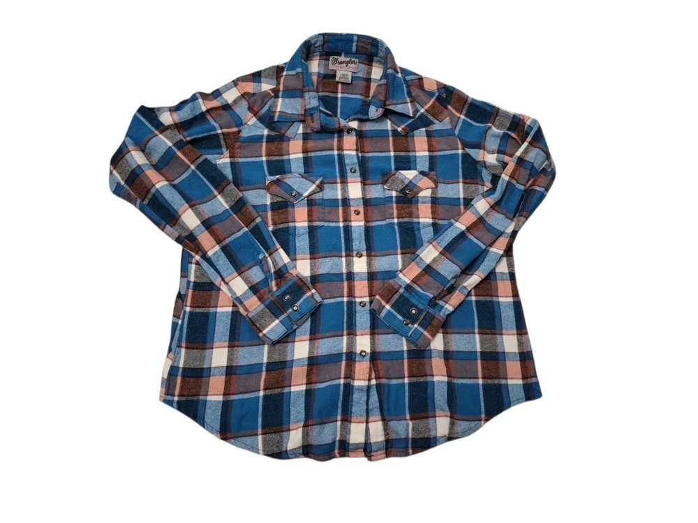 Wrangler Wrancher Shirt Women's L Flannel Plaid Pearl Snap Western