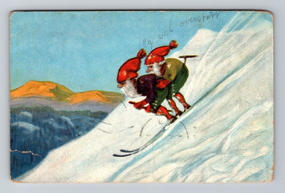 Norway- Oslo Souvenir Comic Men Skiing Down A Mountain PC Vintage c1929 Postcard