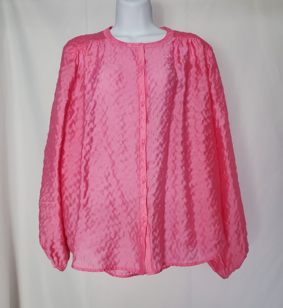 ON 34th Bright Pink Textured Button Front Blouse Size L Long Sleeve Top
