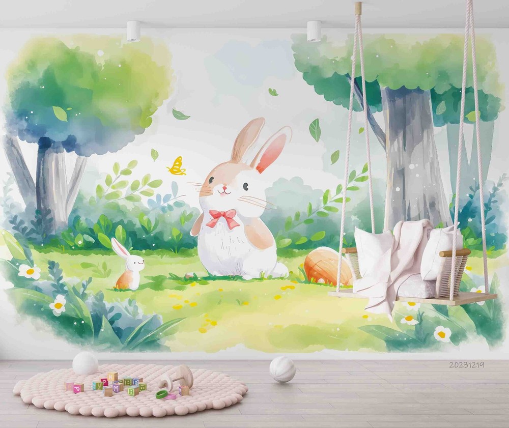 3D Watercolor Green Forest Rabbit Kids Wall Murals Wallpaper Murals Wall Sticker