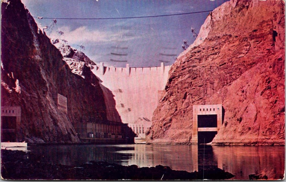 Boulder Dam Downstream Face River Level Nevada NV Arizona AZ Postcard
