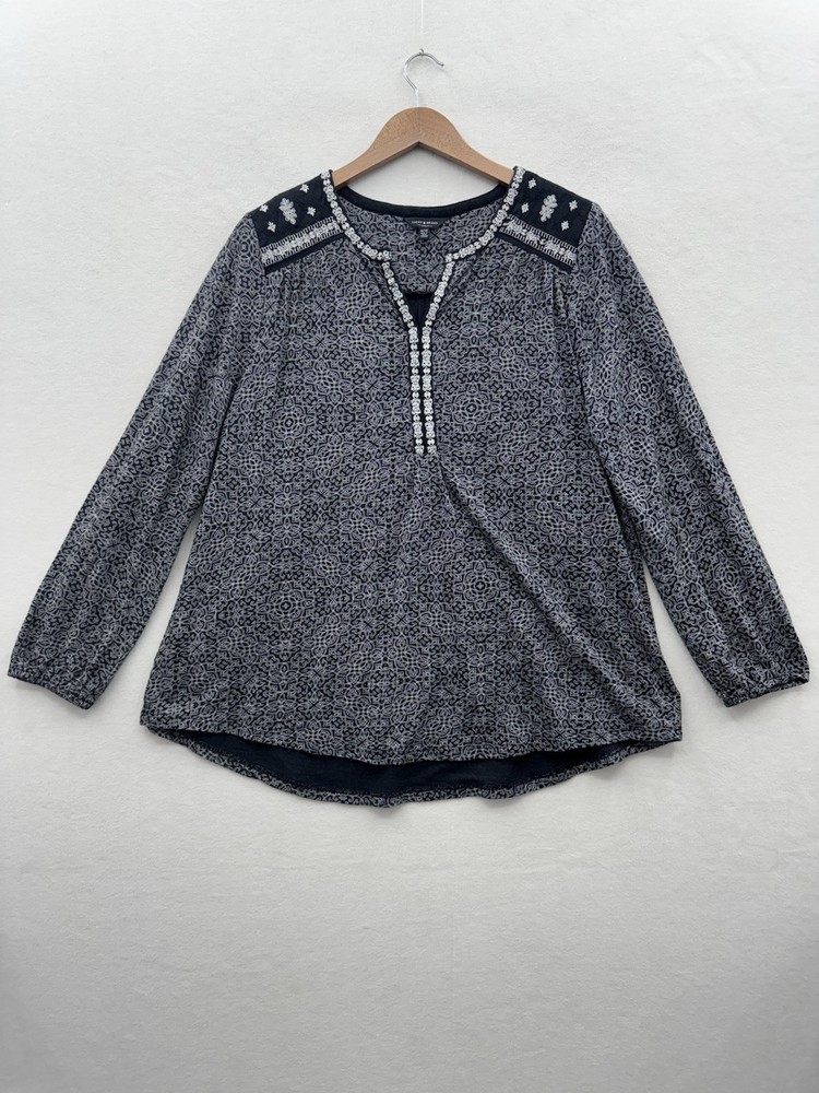 Lucky Brand Womens Plus Size 1X Embroidered Long Sleeve Blouse in Black and White