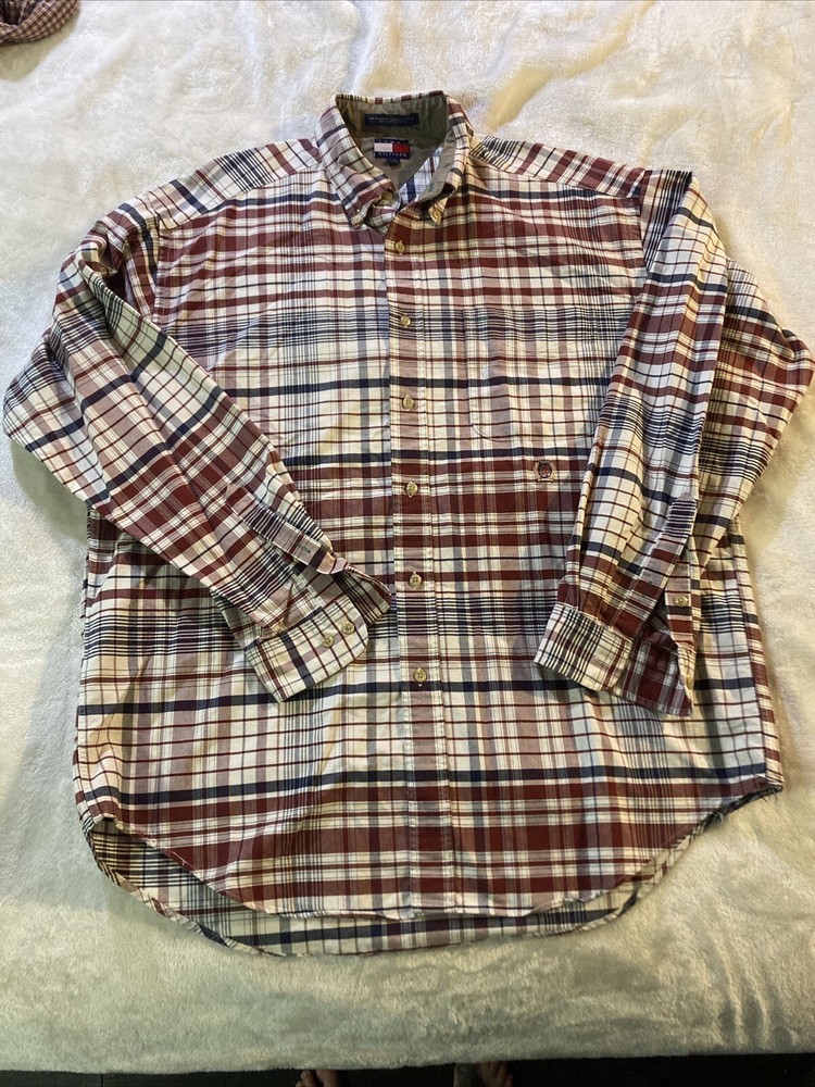 Tommy Hilfiger Button down Long Sleeve Dress Shirt Large Red White Blue Plaid