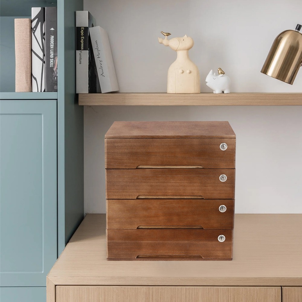 4 Layers Vintage Jewelry Organizer Wooden File Storage Box with Lockable Drawers
