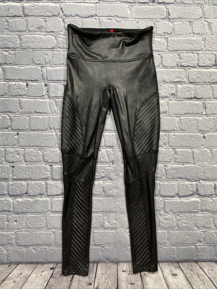 SPANX Faux Leather Moto Leggings Blogger Fav Size Small Black Stretchy Biker