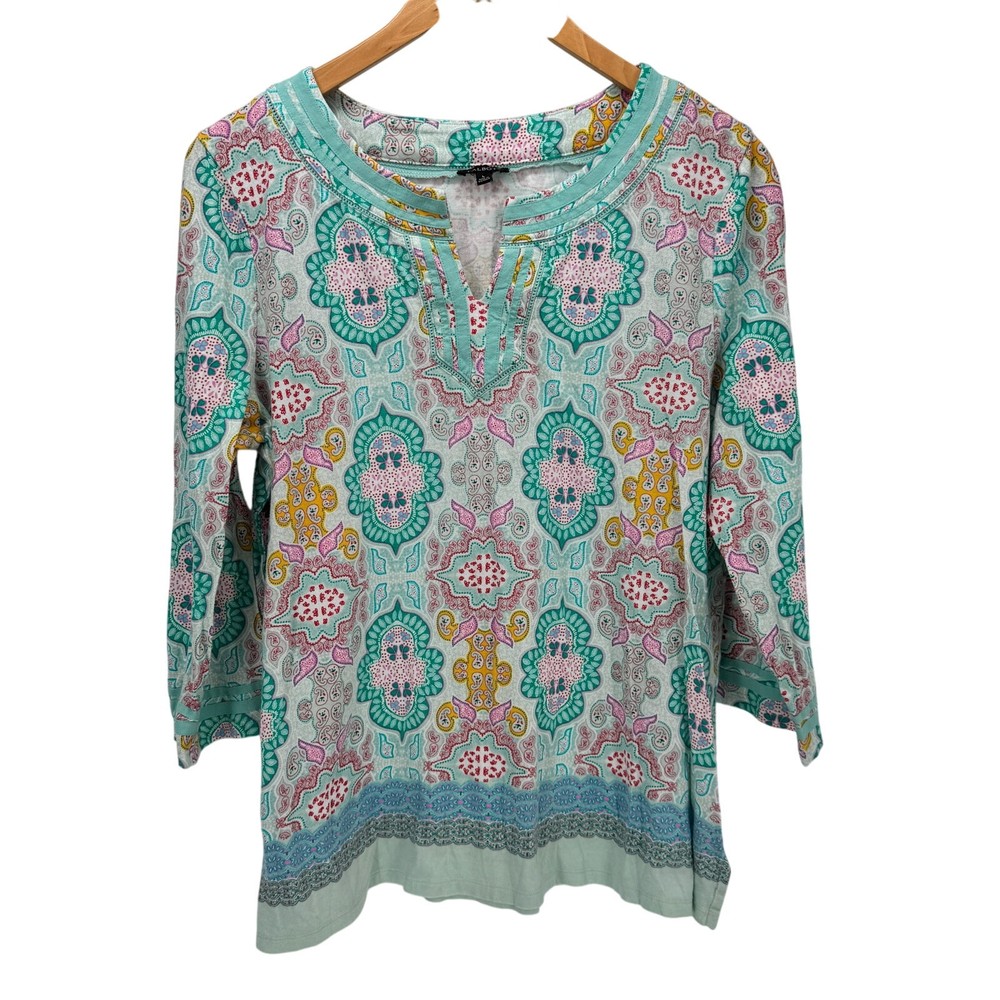 Talbots Blouse Womens Large Tunic Top Boho V-Neck 3/4 Sleeve Multicolor Shirt