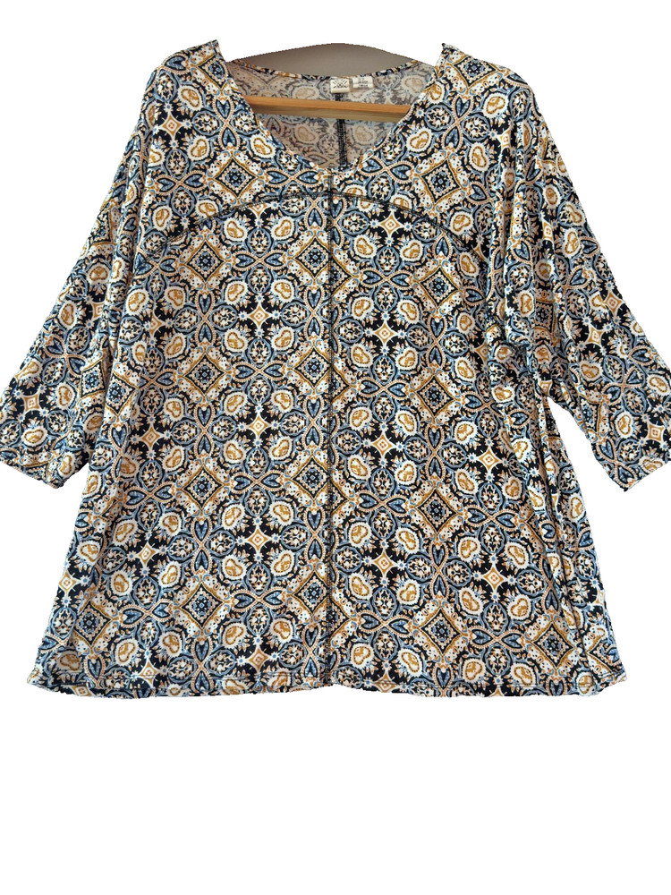 Artisan NY Women's 2X Boho Tunic Top Viscose Stretch Hippie Print Stitch Detail