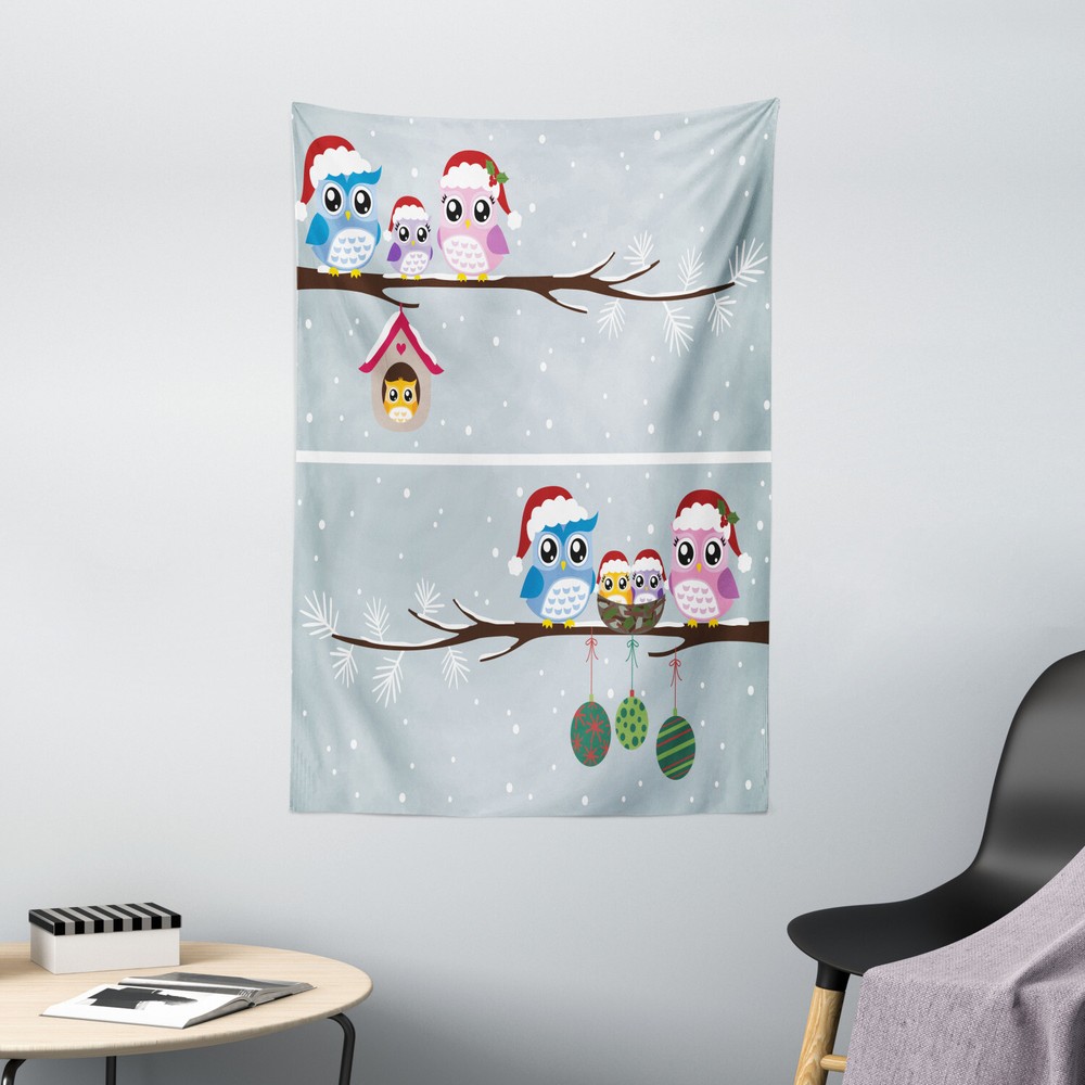 Owl Tapestry Owls with Santa Hats Print Wall Hanging Decor