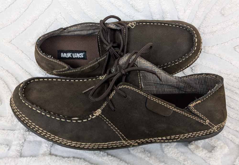 Muk Luks Men Size 10 Brown Leather Suede Walking Lace Up Moc Style Driving Shoes