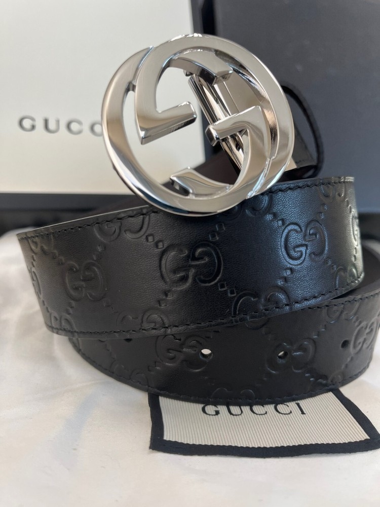Gucci GG Buckle Black Brown Leather Belt Size 80 for 26-28 Waist