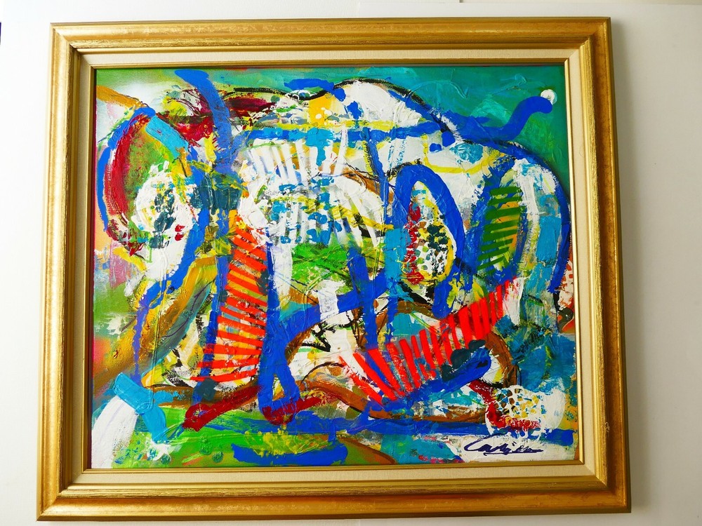 Contemporary art abstract acrylic painted gallery finish with frame gold ready-image