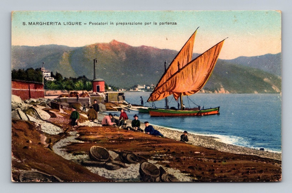 Italy- Santa Margherita Ligure Fishermen Prepare Depart Old PC Vintage Postcard
