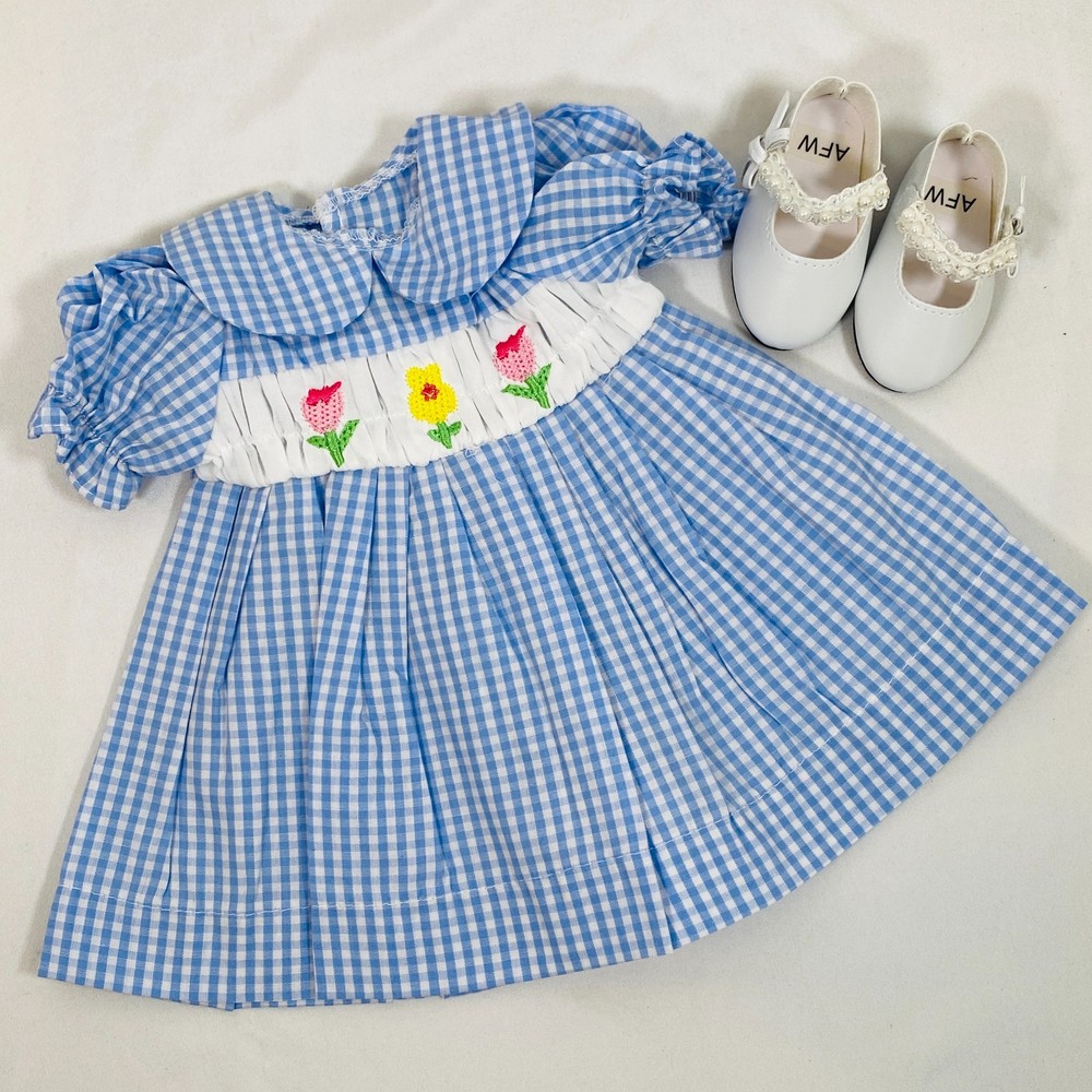 Blue Checked Smocked Easter Dress & Shoes Outfit Set for 18