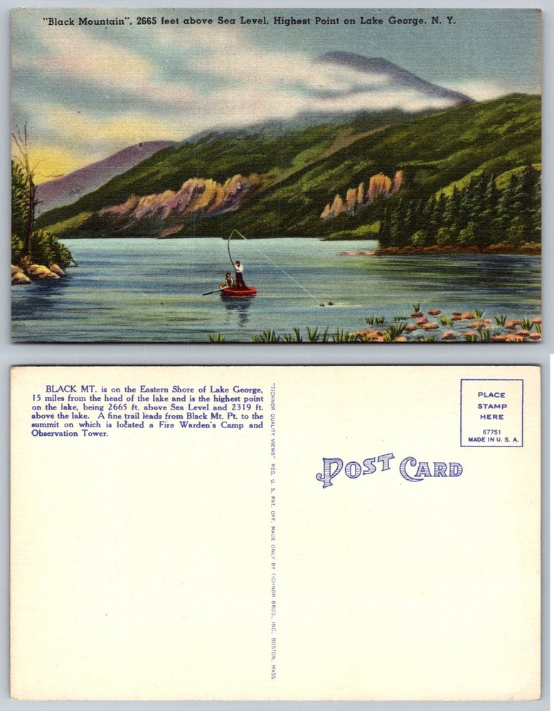 Black Mountain Lake George NY Linen Postcard Fisherman Tichnor Bros. Vintage
