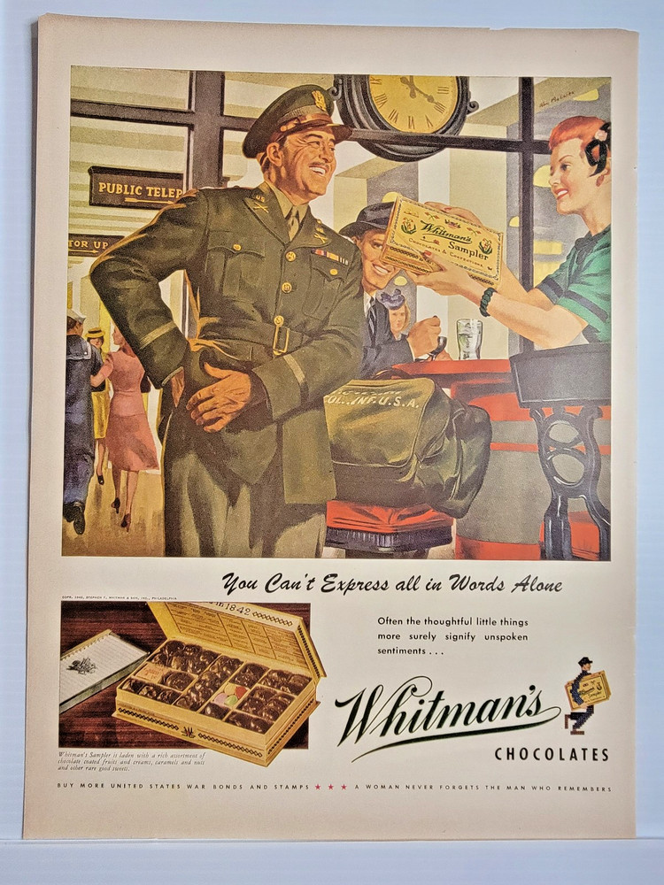 Vintage 1943 Whitman's Sampler Chocolates WWII Soldier 11x14 ad