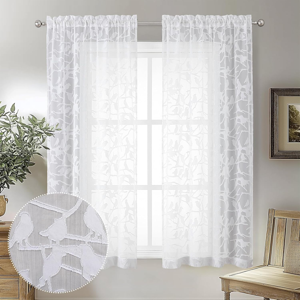 Anji White Sheer Curtains 54 Inches Long 2 Panels Set for Living Room, Light Fil