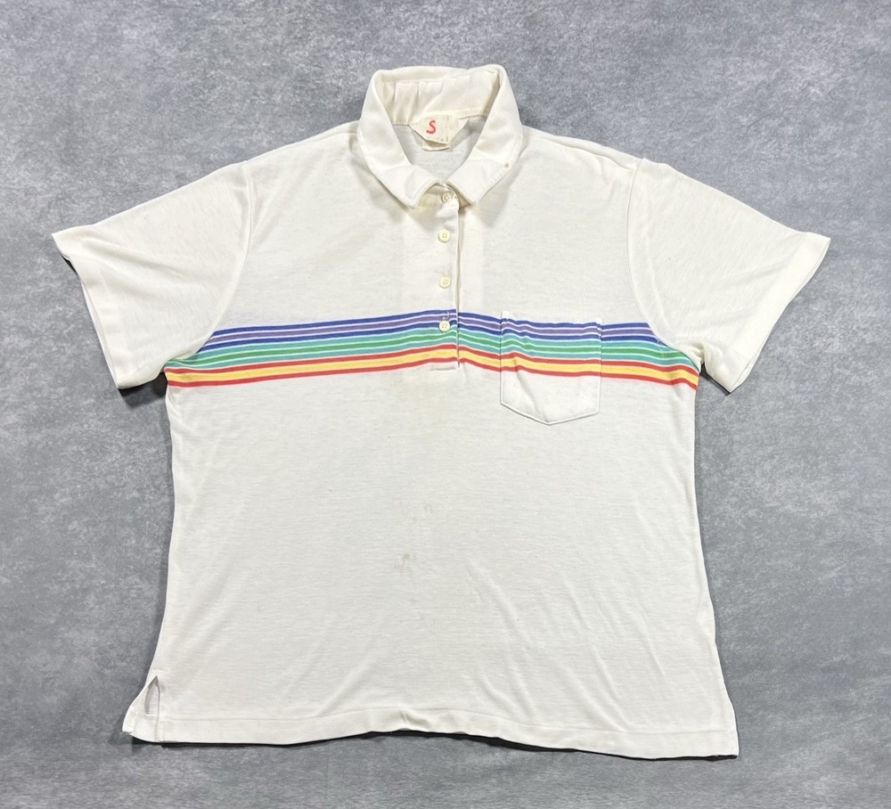 Vintage 70s Rainbow Striped Polo Shirt Size L White By The Shirt