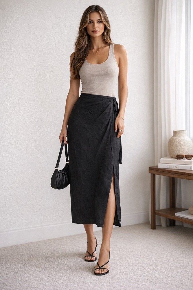 MODA INTL Black Silk Wrap Skirt Womens Midi Y2K 90s Vintage Minimalist Office M