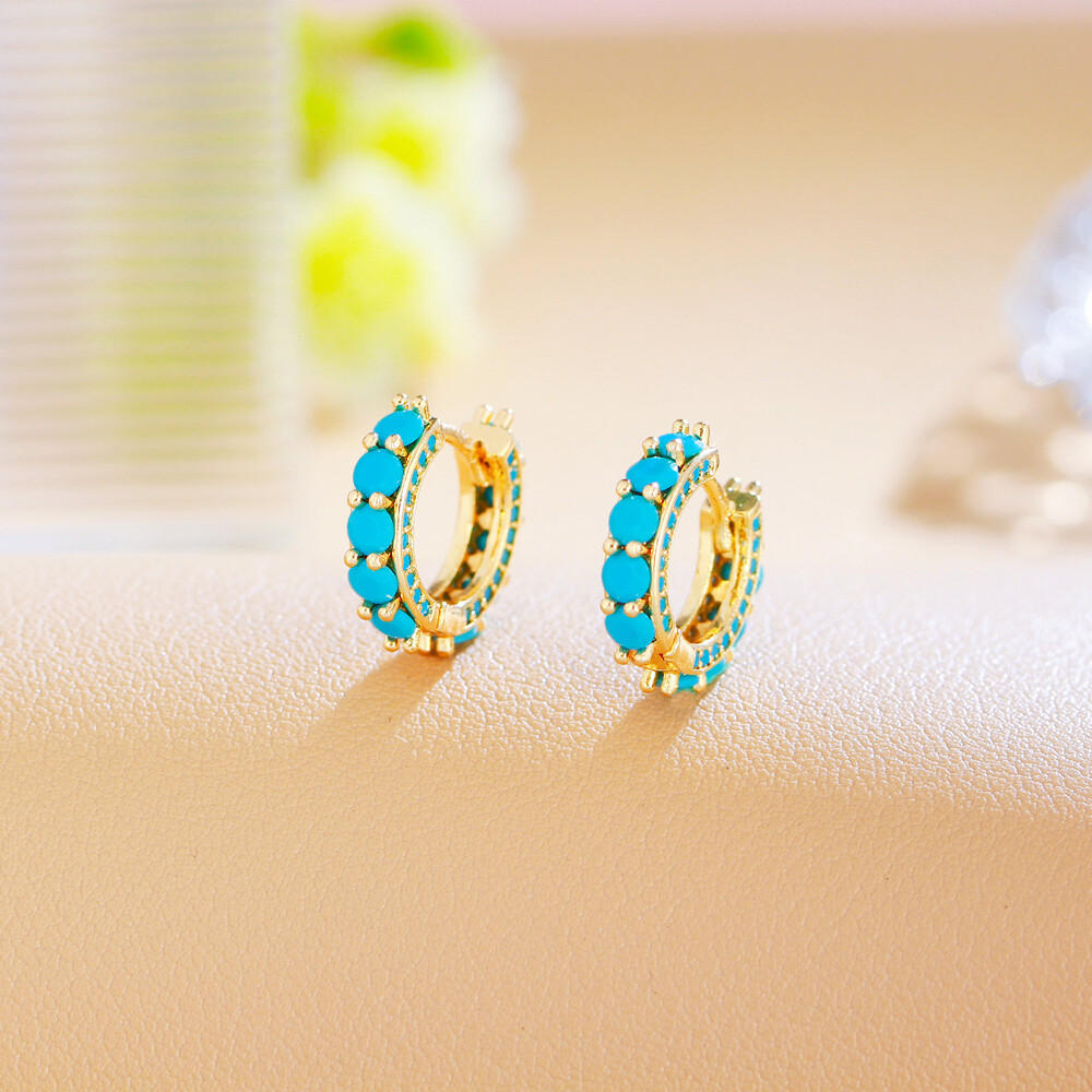 Cute Pave Setting Turquoise Blue Small Round Hoop Earrings Gold Plated Jewelry