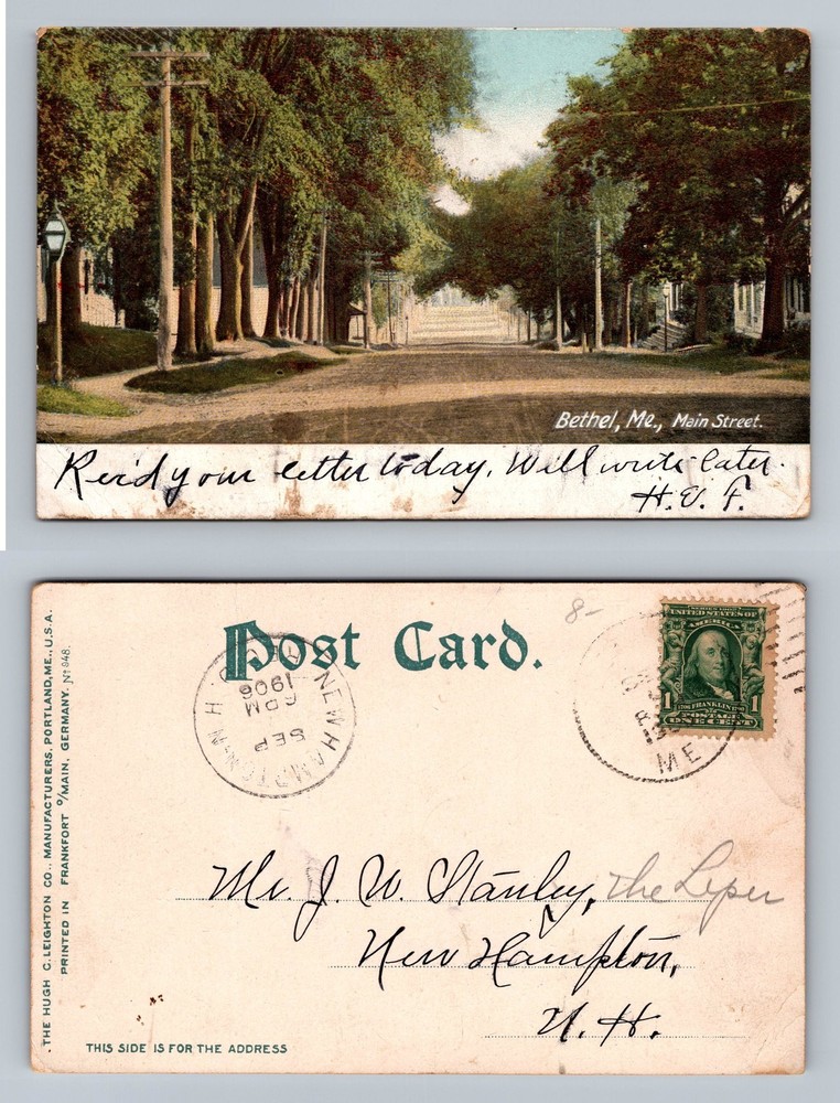 Bethel, ME-Maine, Main Street Tree Lined Road Scene Vintage c1906 Postcard
