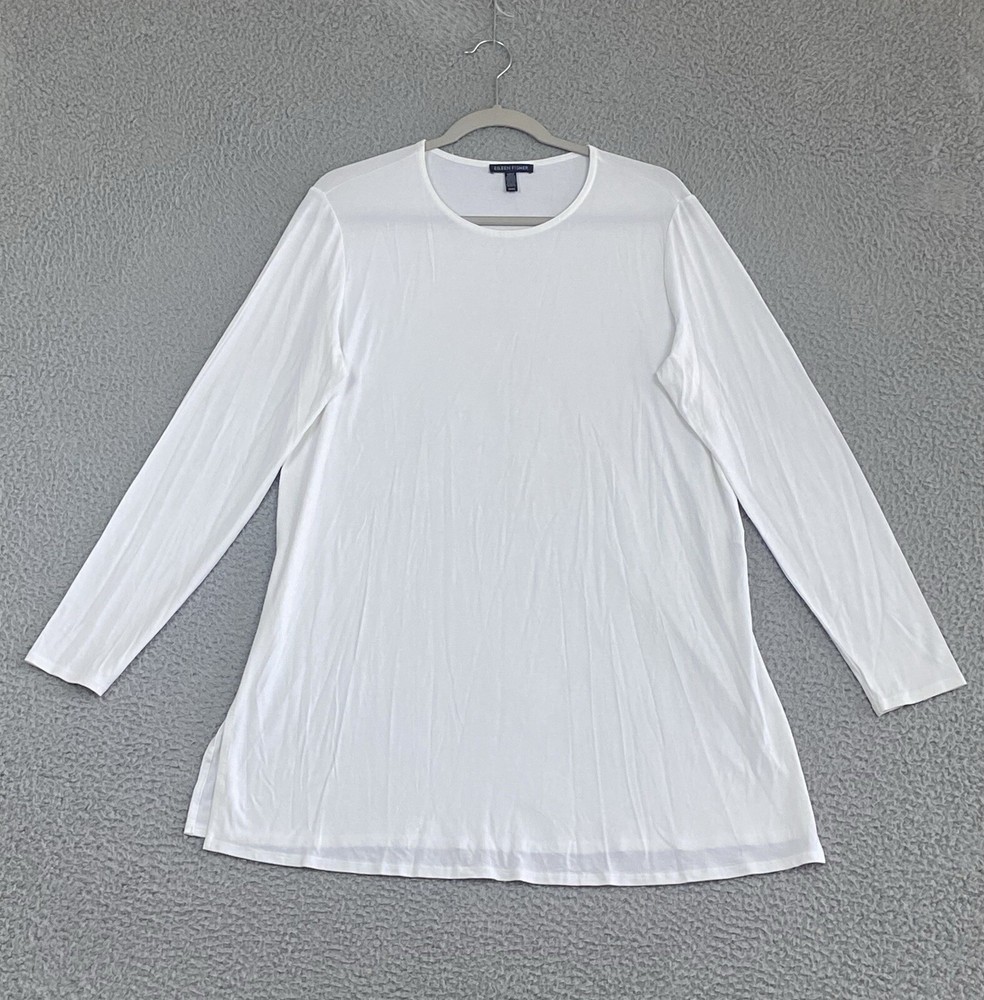 EILEEN FISHER Long Sleeve Tunic Top White Size M Lagenlook Stretch Flowy Coastal