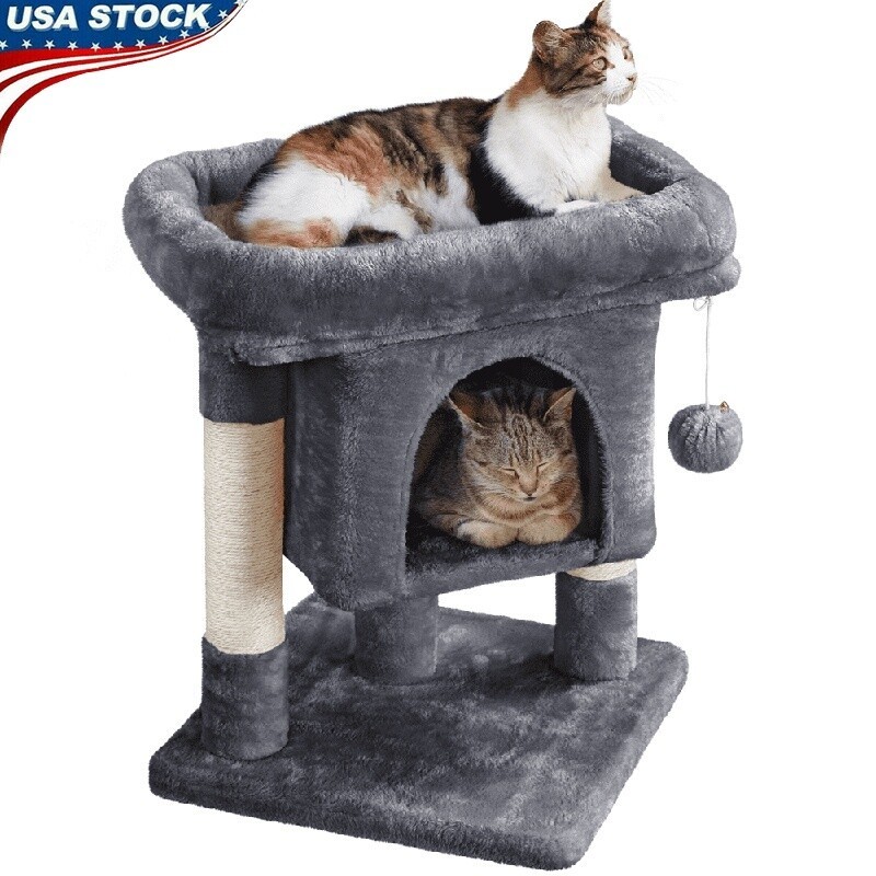2-Level Cat Tree with Plush Perch, Scratching Posts & Space-Saving Design