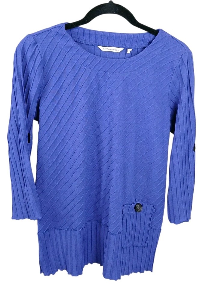 Soft Surroundings Cobalt Blue Boat Neck Top Diagonal Raised Stripes Tshirt PS