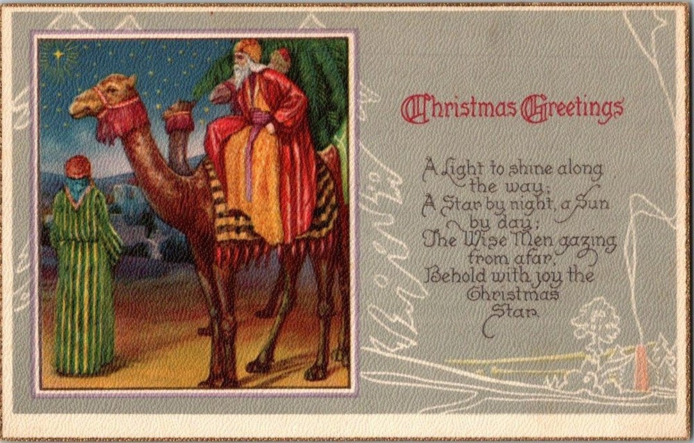 Vintage Christmas Greetings Postcard Three Wise Men Magi Camels Star Embossed