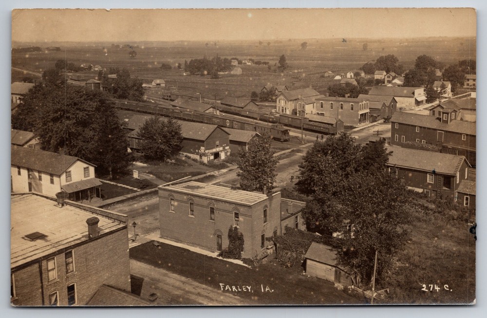 Birdseye View of Farley Iowa IA Train Railroad Depot c1910 Real Photo RPPC